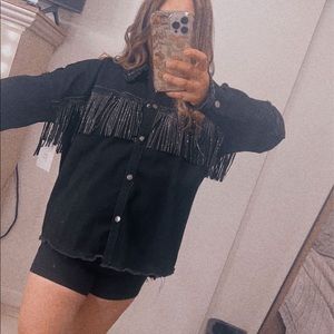 NWT Black Jean oversized Jacket glitter fringe